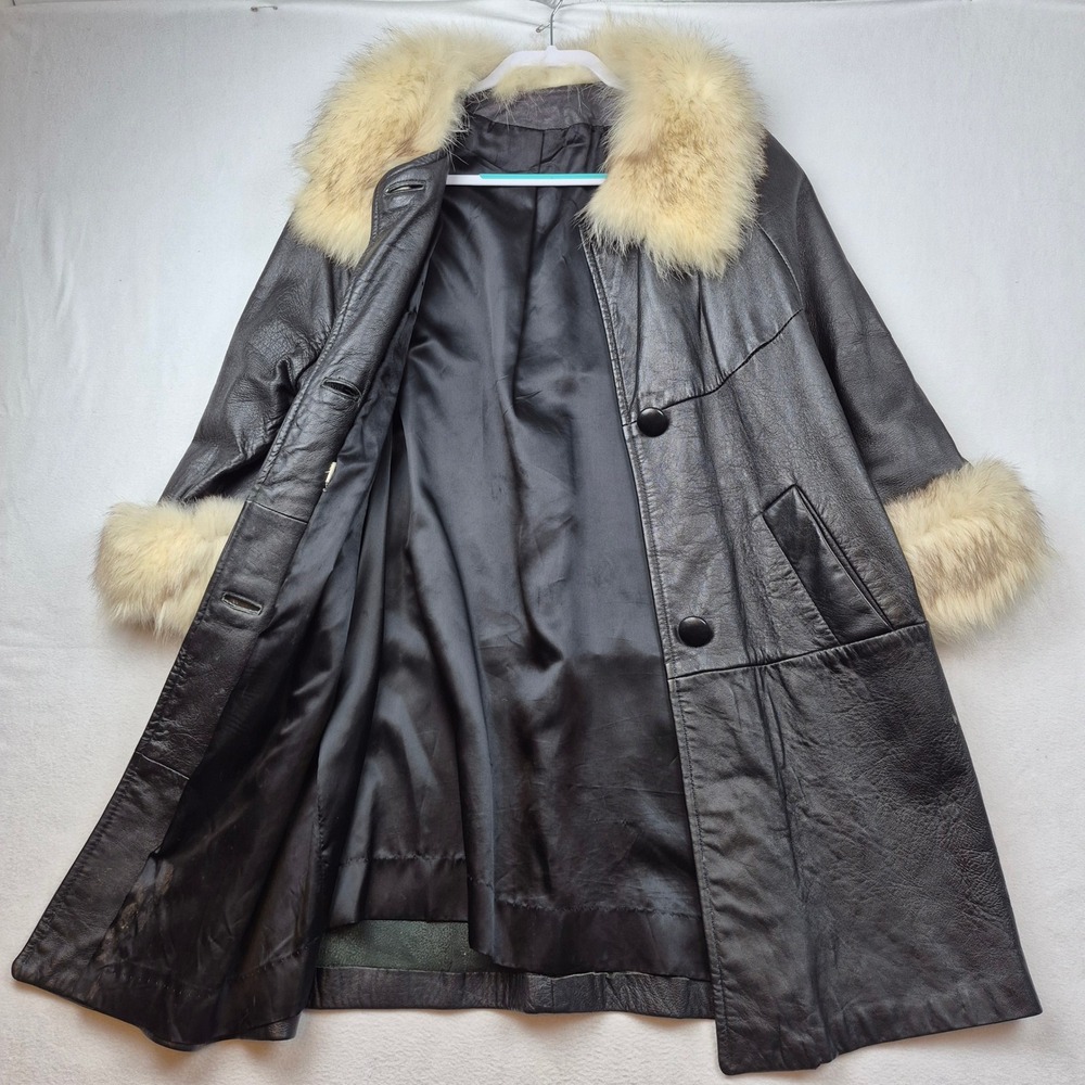 Vintage Black Leather Trench Coat Genuine Fur Collar Cuffs Size 14 Mid Length - Picture 4 of 16